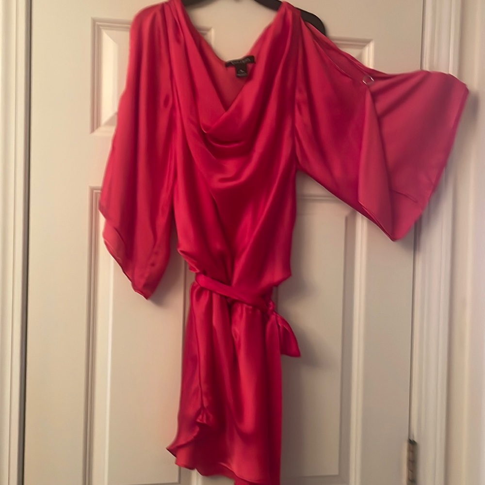 White and black magenta mini dress with open shoulder and arm cut outs.  Med